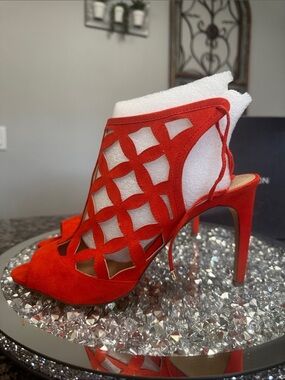 BCBGeneration Red Lattice Cutout Stiletto Sandals EUC 10